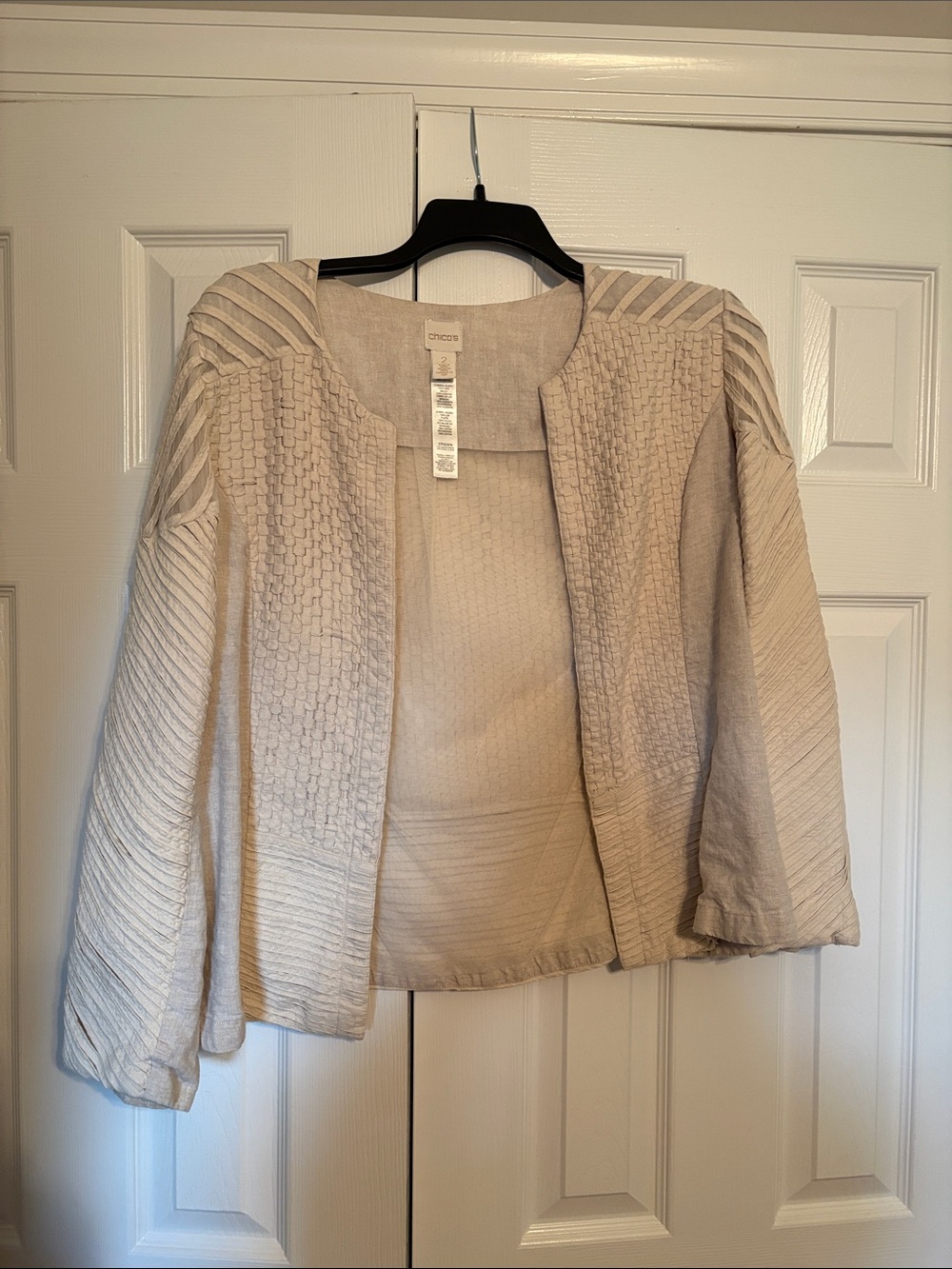 Chico's Neutral Textured Open Jacket in Beige